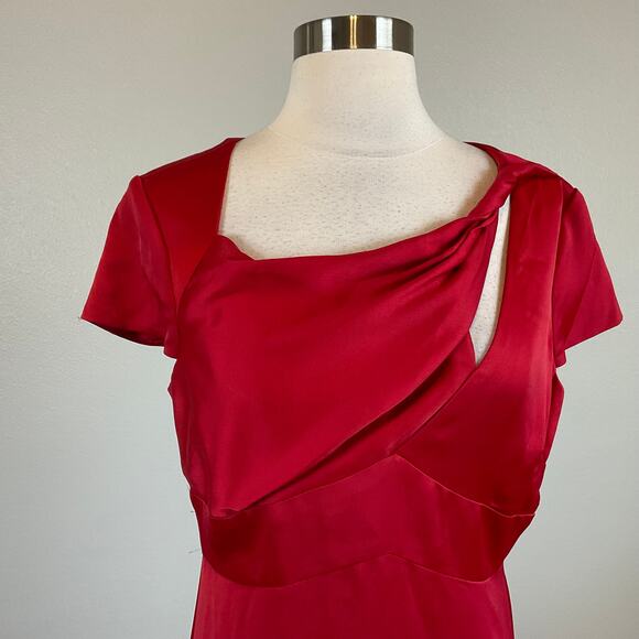 DKNY Red Satin Short Sleeve Evening Gown Size 8 Cut Out Long Formal Dress - Picture 7 of 13
